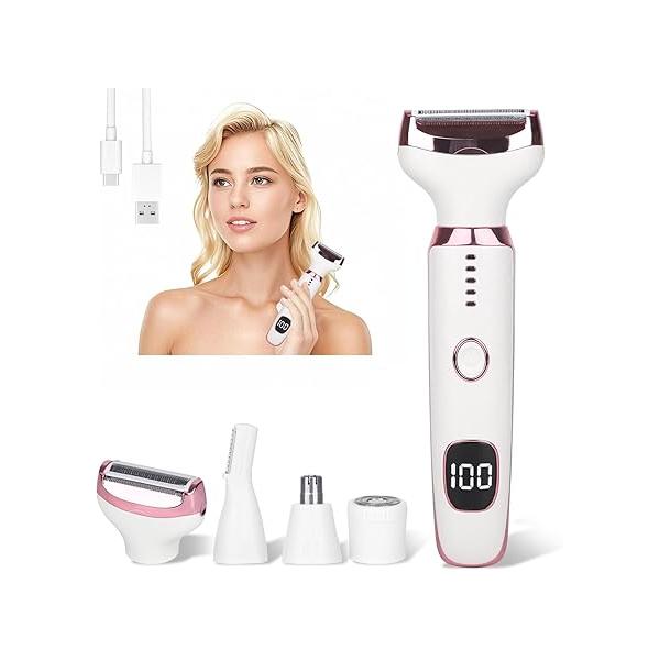 Electric Razor for Women Men,4 in 1 Painless Ladies Wet & Dry Body Razors and Facial Hair Remover,Rechargeable Led Display Removal Kit Nose Face Leg Bikini Arm (White)