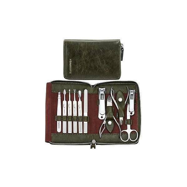 FAMILIFE Manicure Set, Professional Kit Nail Clippers Set 11 in 1 Stainless Steel Pedicure Tools Men Grooming Tool with Portable Brown Leather Travel Case Luxury Gifts for Him