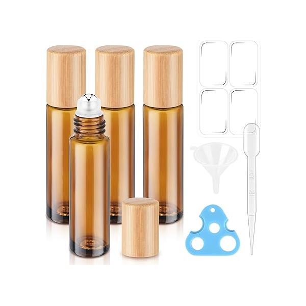 4 Pack, 10ml Essential Oil Roller Bottles, Amber Glass Balls for Oils, Empty Rollerball Bottles Travel Refillable Roll on Perfume with Caps