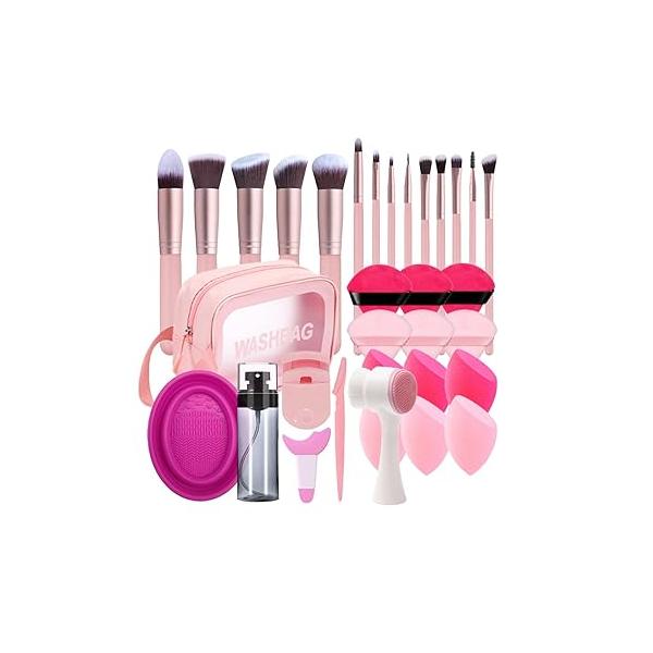 33PCS Makeup Foundation Brushes Tool Set with Sponges, Eyelash Curlers, Powder Puffs, Silicone Washing Bowls, Eye Aids, Nano Spray Bottles, Exfoliating Face Brushes, Eyebrow Trimming, Storage Bag