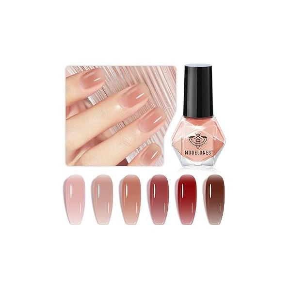 modelones Jelly Nail Polish of 6 Colors Sheer Nude Mini Set Natural Red Pink Brown Quick Dry Kit for DIY Easter Art Salon Home Gift Women Girl