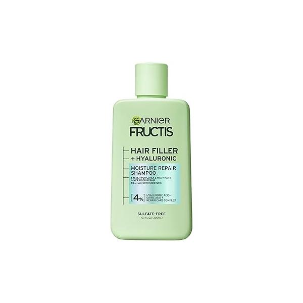 Garnier Fructis Hair Filler Moisture Repair Shampoo, Sulfate Free Shampoo for Curly, Wavy with Hyaluronic Acid, 10.1 Fl Oz, 1 Count