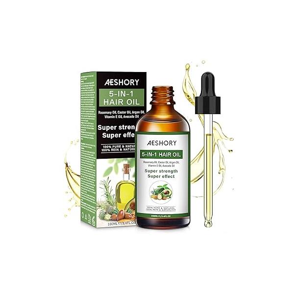 Aeshory Hair Oil - 5 IN 1 Care with Rosemary, Castor, Argan, Vitamin E, and Avocado for Growth Strengthening Nourishing Volumizing 3.38 fl oz