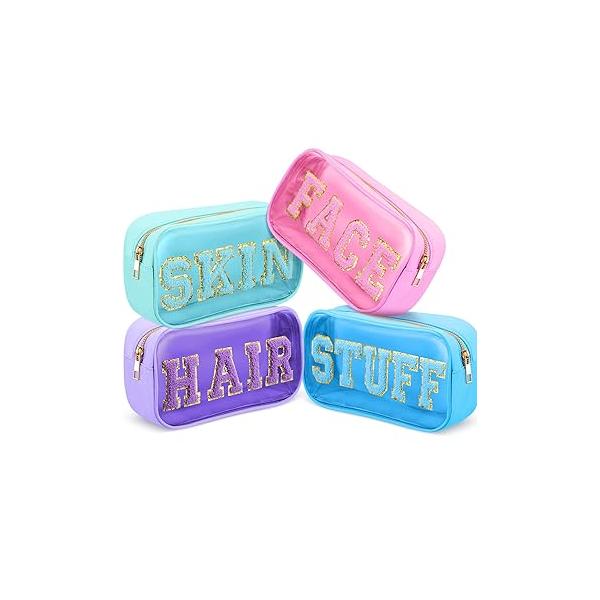 4 Pieces Chenille Letter Cosmetic Bag Set Nylon PVC Clear Waterproof Makeup Pouch Stuff Hair Travel Zipper Multi Purpose Aesthetics Toiletry Organizer for Women Gym Beach (Fresh Colors)