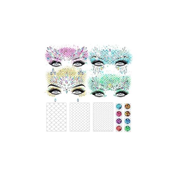 Halloween Mermaid Costume for Women Make up Kit 4 Pcs Face Gems with 8 Bottles Holographic Glitter 3 Scales Stencil Rhinestone Stickers Carnival Party