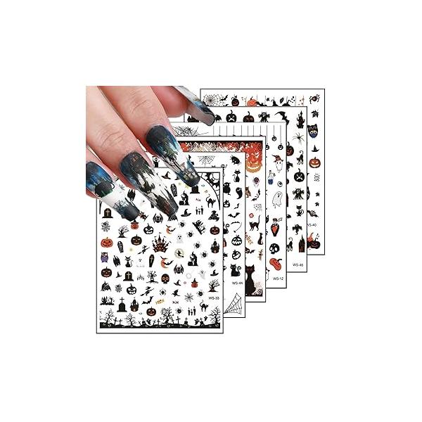 6 Sheets Halloween Nail Art Decal Black Ghost Pumpkin Spider Designer Supplies 3D Self-Adhesive Stickers Decals Cute Cartoon for Women Girls Acrylic Decoration