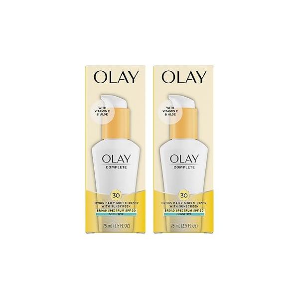 Olay Face Moisturizer Complete Daily Defense All Day With Sunscreen, SPF30 Sensitive Skin, 2.5 Fl Oz (Pack of 2)