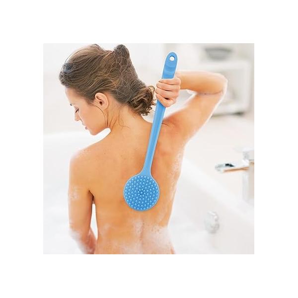 Silicone Bath Brush Long Handle Double Sided Soft Hair Scrub Massage Lazy Back Rubbing Artifact Thickened Body Brush, Blue