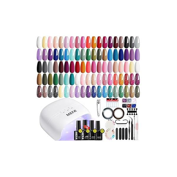 MEFA 60 Pcs Gel Nail Polish Kit with U V Light, 32 Colors Classic Popular Soak Off Set Matte/Glossy Base Top Coat Easter Decorations Manicure Tools Gifts for Women