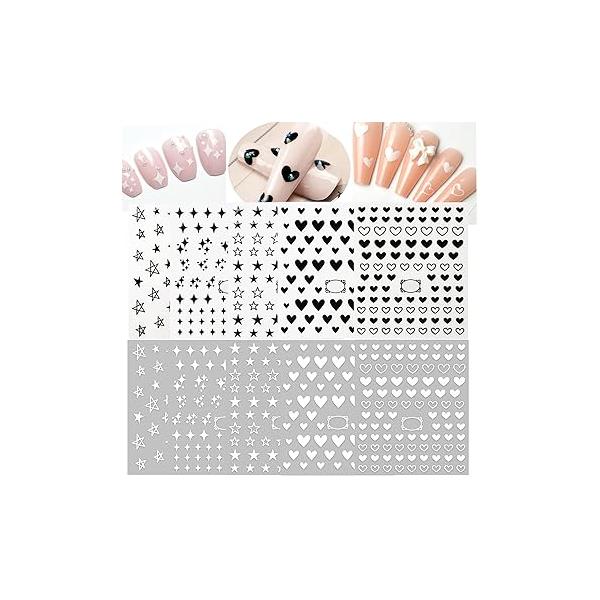 Black and White Hearts Stars Nail Stickers for Women Girls Kids Decoration Self Adhesive Art Decals Natural Fingernails Acrylic Nails Designs (Pack of 10)