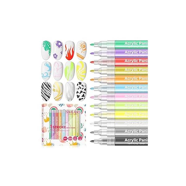 Saviland 12 Colors Nail Art Pens Set - 3D Polish Acrylic Paint Markers for Drawing Painting Point Dotting Liner Pen Manicure Tools Design Kit Home Salon DIY