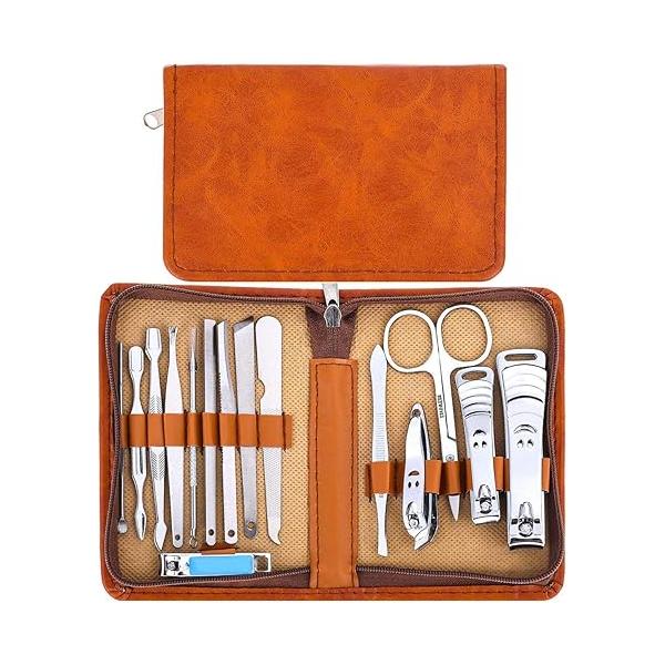 Manicure Set Nail Clippers Pedicure Kit -15 Pieces Stainless Steel Kit, Professional Grooming Kits, Care Tools with Luxurious Travel Case(Brown)