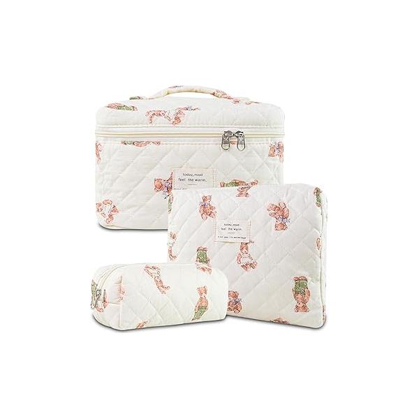 3Pcs Makeup Bag Cotton Quilted Travel Cosmetic Cute Floral Pouch Large Toiletry for Women Girls (Bow-Pink4)