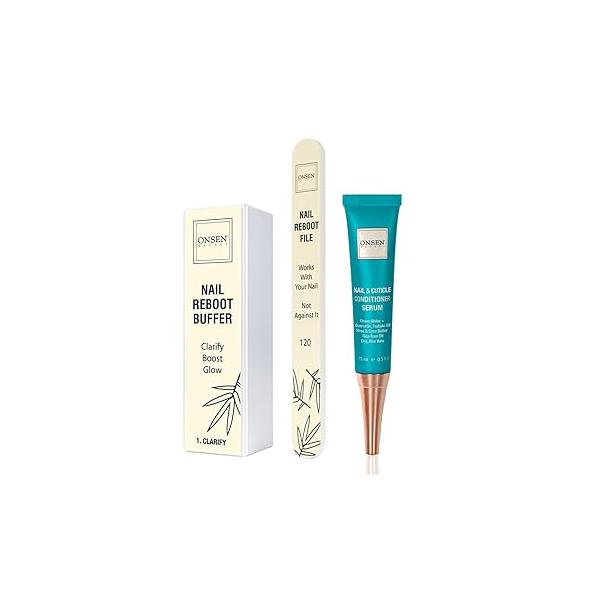 Onsen Secret Cuticle Cream Bundle, Double Sided Nail File 120/180 Grit, Oil - Japanese Natural Healing Minerals Care Serum. (15ml + Buffer File)