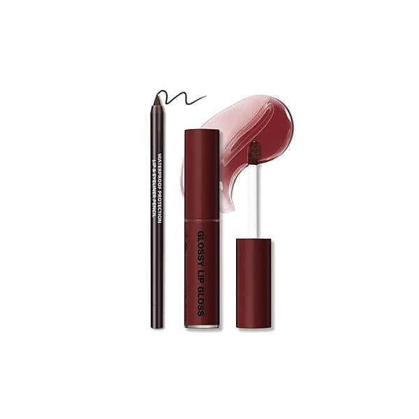 Nourishing Lip Gloss with Brown Liner Combo Set, Moisturizing High Shine Nude Glow Oil Fresh Lightweight Glossy Plumping for Women Long Wear Mini Liquid Lipstick Makeup#8