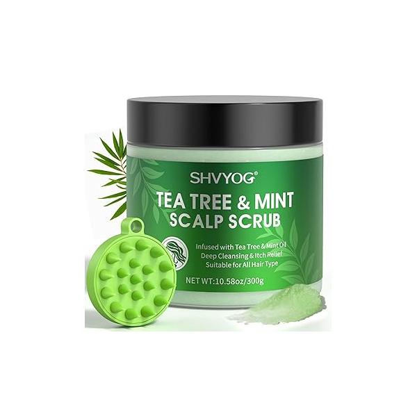 SHVYOG Scalp Scrub, Tea Tree Exfoliator, Exfoliator Scrub for Build Up, Itchy Relief Hair Treatment Nourishing Detox Care with Massager, 10.58 oz
