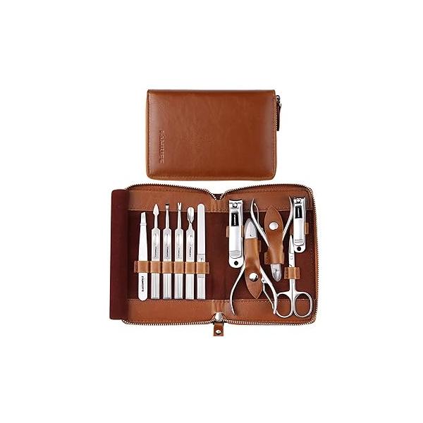 FAMILIFE Manicure Set, Professional Kit Nail Clippers Set 11 in 1 Stainless Steel Pedicure Tools Men Grooming Tool with Portable Brown Leather Travel Case Luxury Gifts for Him