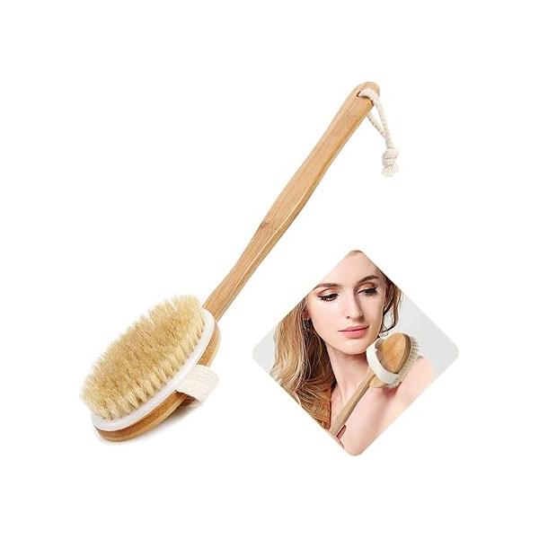 Bath Body Brush & Shower,Dry Skin Brushing with 100% Natural Boar Bristles 16 inches Long Bamboo Detachable Handle,Back Scrubber for Exfoliates Stimulates Blood Circulation-by Qlben