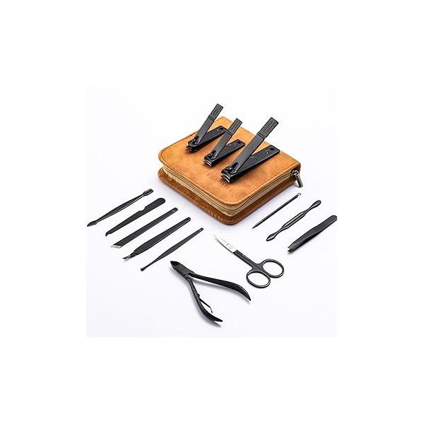 FAMILIFE Manicure Set, Nail Professional Kit Kits Clipper Sets, 13PCS Stainless Steel Pedicure Sets Mens Grooming Tool, with Brown Leather Travel Case for Men