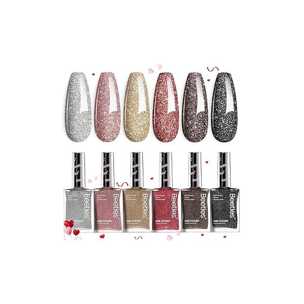 Beetles Glitter Nail Polish Set, 6 Color Silver Pink Gold Red Brown Black Quick Air Dry Natural Elegant Lacquer Manicure DIY Art Salon Gifts For Women