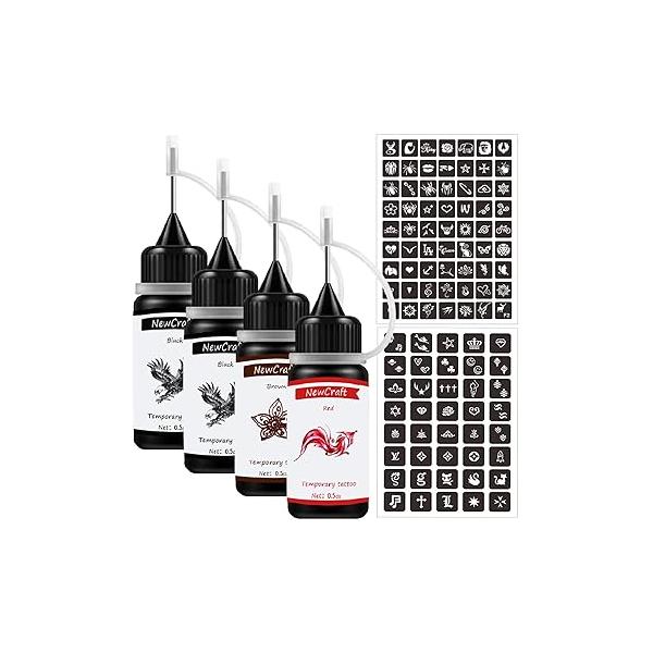 Temporary Tattoos Kit, Permanent Tattoo, 4 Pcs with Three Colors, DIY Tattoos, Full Kit 103 Adhesive Stencil for Women Kids Men Body Markers - Bottles (Black*2/Red/Brown)