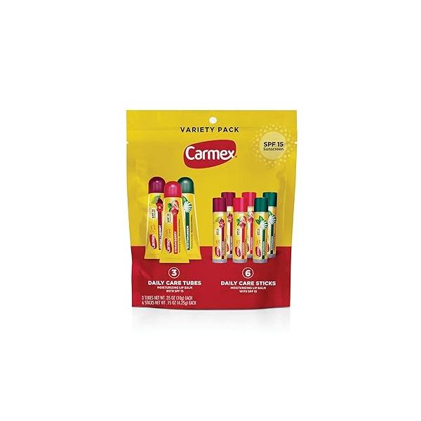 Carmex Daily Care Moisturizing Lip Balm Pack, SPF 15, Multi-Flavor Variety Pack Bag, 9 Count (3 Tubes, 6 Sticks)