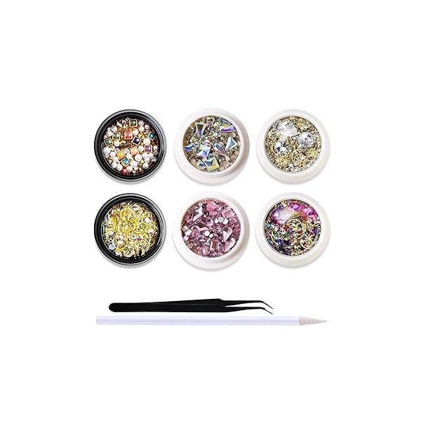 SILPECWEE 6 Boxes 3d Nail Charms Gold Art Flat Back Rhinestone Jewels Gems Pearls for Nails DIY Decoration with 1pc Tweezers, Picker Pencil