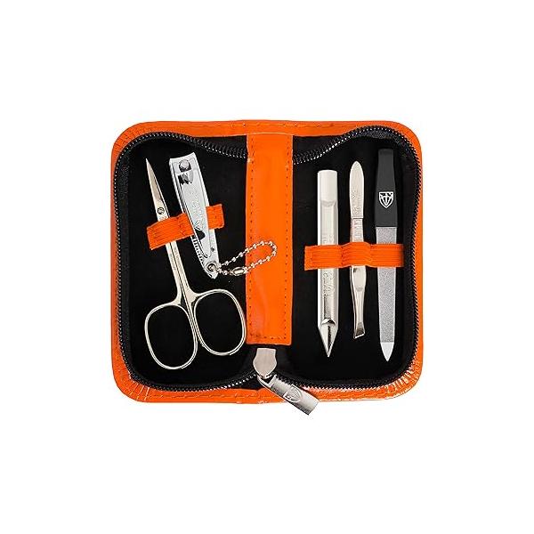3 Swords Germany - brand quality 5 piece manicure pedicure grooming kit set for professional finger & toe nail care scissors clipper genuine leather brown case in gift box, Made