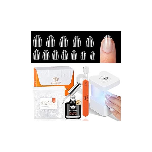 modelones Gel Nail Kit Short Almond Tips, 9-in-One Glue with Portable U V Lamp, 216Pcs 12Sizes Press On Acrylic False Nails Tip Extension DIY Art Gift for Women