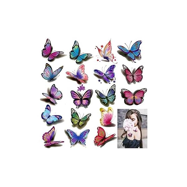 30Sheets Butterfly Temporary Tattoos for Women Kids Girls, Fake Flower Colorful 3D Butterflies Wings Tattoo Stickers Art Waterproof Face Body Birthday Party Supplies Favors Gifts
