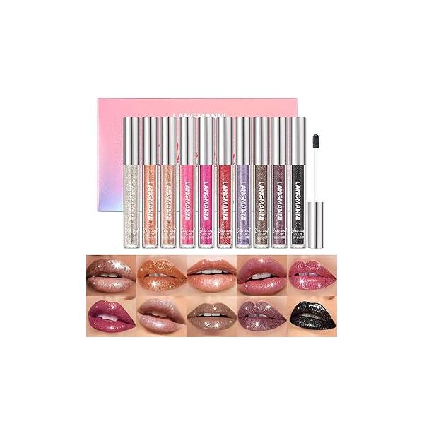 LANGMANNI 10 Colors Diamond Glitter Lip Gloss Set,Long Lasting High Shine Shimmer Liquid Lipstick Set,Hydrating,Moisturizing Kit Gift Makeup For Girls