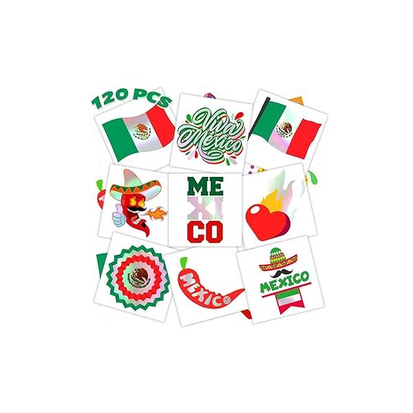 winthrop 120 Pcs Viva Mexico Temporary Tattoos for Kids, Metallic Foil Bronzing Style, Individually Wrapped Safety Waterproof Tattoos, Best Choice Mexican Fiesta Party Independence Day