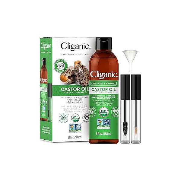 Cliganic Organic Castor Oil, 100% Pure (6oz with Eyelash Kit) - For Eyelashes, Eyebrows, Hair & Skin