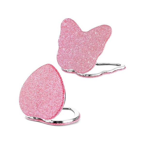 2 Pcs Folding Mirror Heart Butterfly Shaped Magnifying Compact Portable Travel Mini Makeup Double-Sided Cute Glitter Cosmetic for Women Handbag Wallet Home Office Vanity