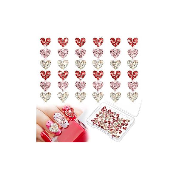 36 Pcs Heart Nail Charms for Art, 3D Rhinestone Decals Silver Crystal Diamond Alloy Gems Decorations Women Valentine's Decoration