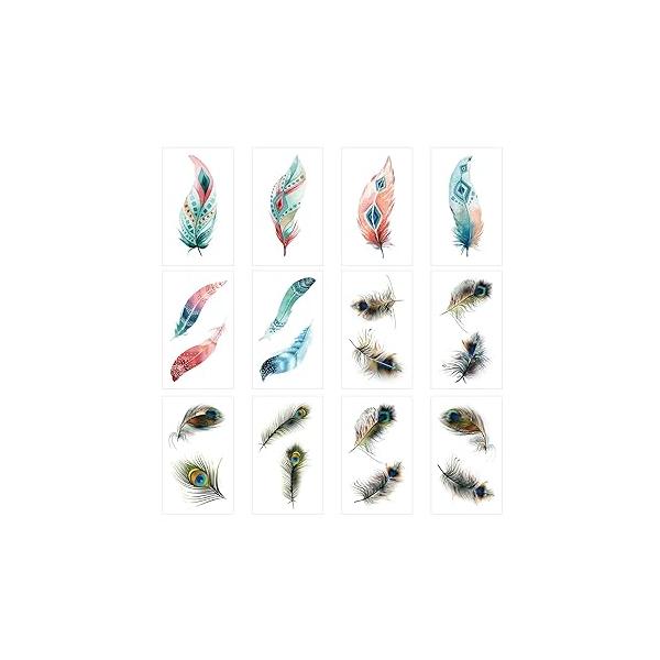 20 Pcs Small Feather Temporary Tattoos, Peacock Fake Tattoo Stickers for Women Girls Models Body Art Makeup