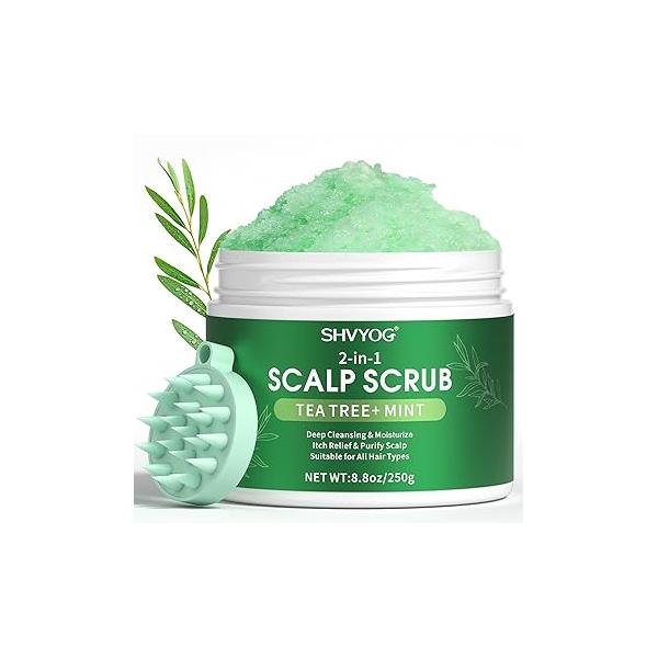 SHVYOG Scalp Scrub, Tea Tree Exfoliator Scrub with Peppermint & Sea Salt, Anti-Dandruff Detox Clarifying for Build Up, Itchy Scalp, Oily Dry Hair Massager