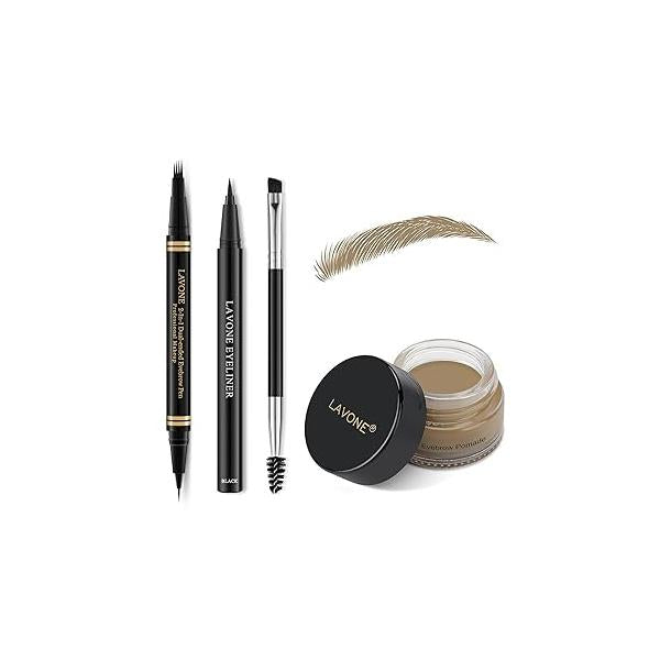 Makeup Kit with 4 Tip Waterproof Microblading Eyebrow Pencil, Eyeliner, Pomade and Dual-ended Brush - Black