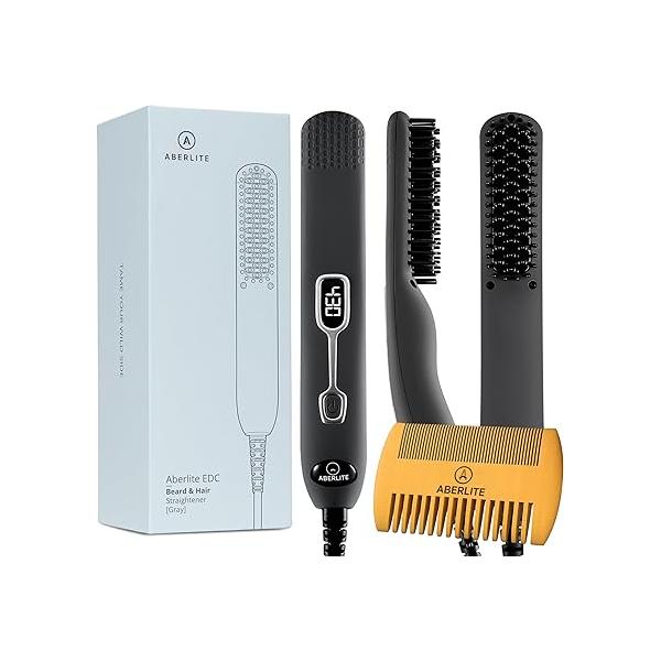 Aberlite EDC - Premium Beard Straightener Brush Professional Heated Straightening Comb and Grooming Kit for Men (Gray)