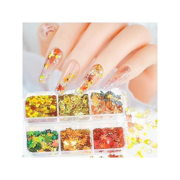 6 Girds Maple Leaf Nail Art Glitters Holographic Fall Sequins Autumn Thanksgiving Decorations Supplies Gel Polish Leaves Design Glitter Flakes Manicure Set
