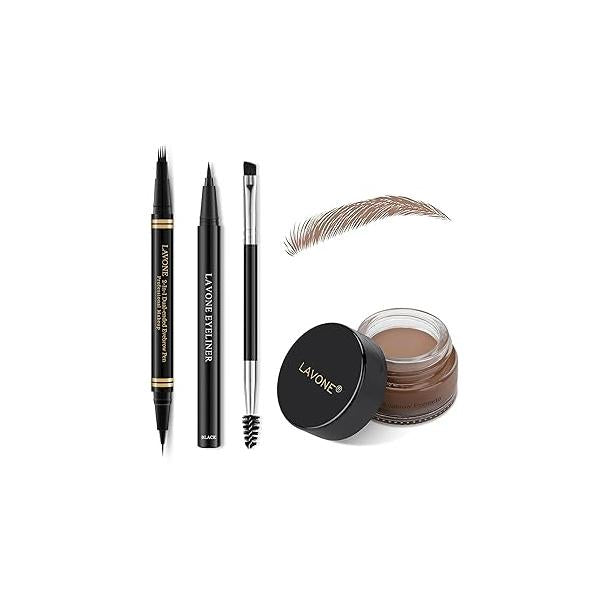 Makeup Kit with 4 Tip Waterproof Microblading Eyebrow Pencil, Eyeliner, Pomade and Dual-ended Brush - Black