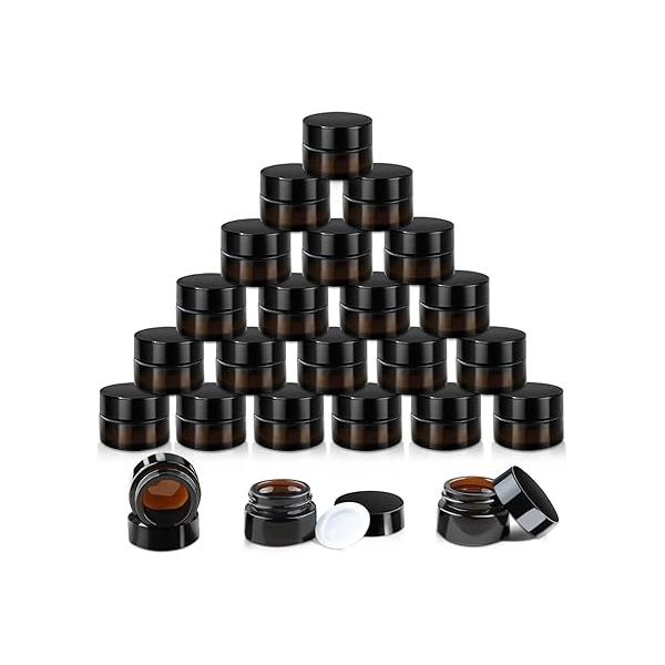 24 Pack 5g Amber Glass Cream Jars Round Cosmetic Vials Pot Refillable Makeup Bottle Containers with Lids&Inner Liners for Lotion Ointments Lip Balm Eyeshadow Slime