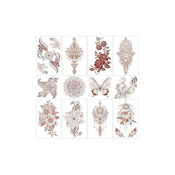 Brown Flower Temporary Tattoo Adult Women, Semi Permanent Fake Tattoos Stickers, Waterproof Hand Realistic for Women