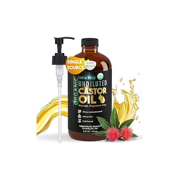 BALM OF GILEAD Organic Castor Oil for Skin Hydration - Therapeutic Cold Pressed, USDA Certified 100% Pure, Glass Bottle 16 oz Unrefined, Hexane Free, Hair & Eyelashes Growth