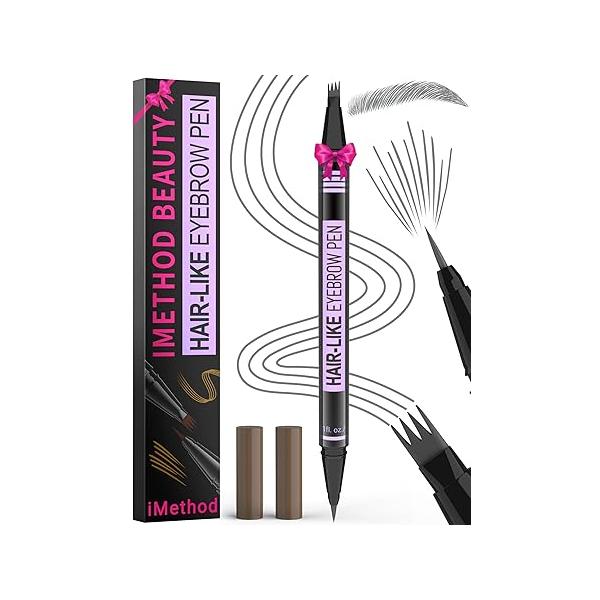 iMethod Eyebrow Pen - Pencil Magic 2-in-1 Eye Brow Pencils for Women with 4-Fork-Tip and Precise Brush-Tip Create Natural Hair-Like Brows, Last All Day, Microblading Pen, Dark Brown