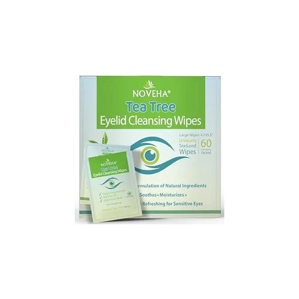 NOVEHA 60PCs Tea Tree Oil Eyelid & Lash Wipes | With Hyaluronic Acid, Green Chamomile For Blepharitis, Itchy Stye Eyes, Individually Wrapped, Natural Eyelash Makeup Remover Daily Cleanser