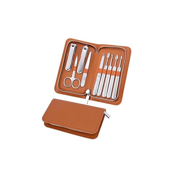 Professional Manicure Set for Fathers - Heavy Duty Stainless Steel 9 Piece Men Pedicure Tools Kit with Brown Leather Case,Gift Grandpa Dad Husband