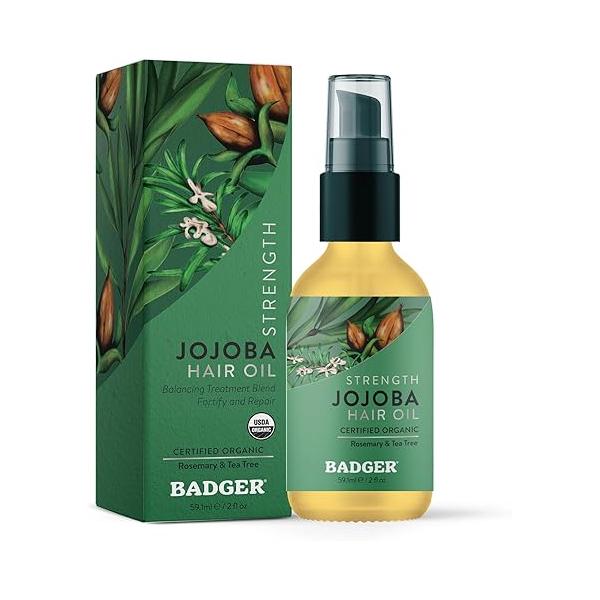 Badger Organic Jojoba Hair Oil & Dry Scalp Treatment, Soothing Moisturizing, Rosemary and Tea Tree, Moisturizer, 2 fl oz Glass Bottle