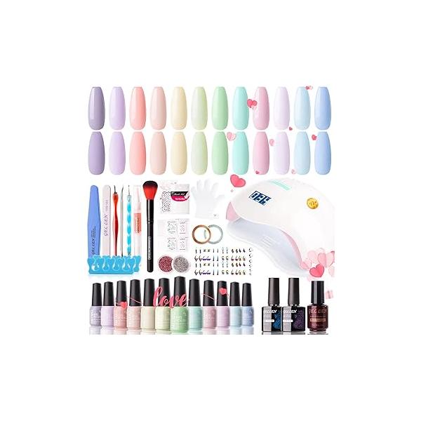 Gellen Gel Nail Polish Kit with Light 72W Dryer, 12 Colors, No Wipe Top Base Coat, Art Decorations, Manicure Tools, All-In-One Kit, Macaron Candy