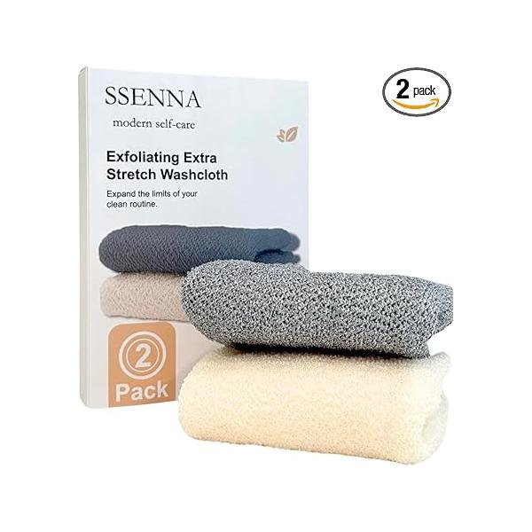 SSENNA Exfoliating Extra Stretch Washcloth 2 Pack (Beige + Gray), Japanese Style Shower Back Scrubber Towel with Straps